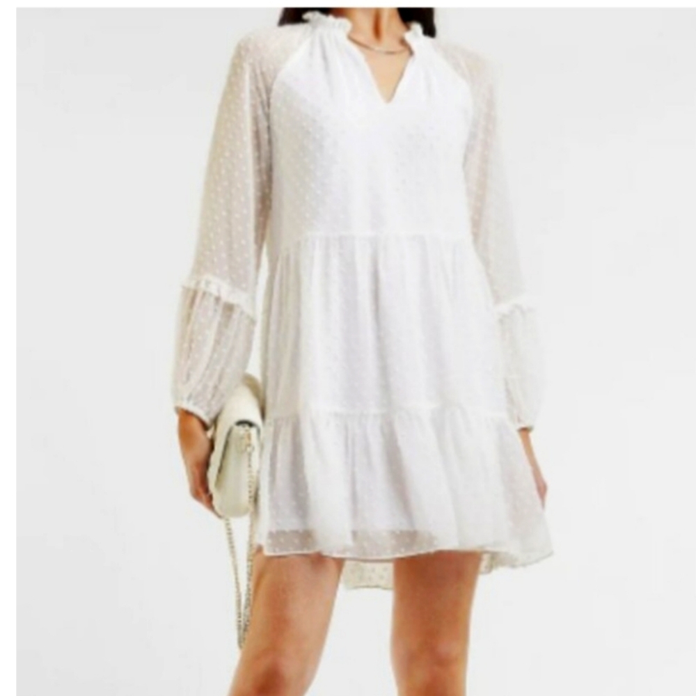 Express Textured Clip Dot Tiered Trapeze Dress Size Small Ivory
